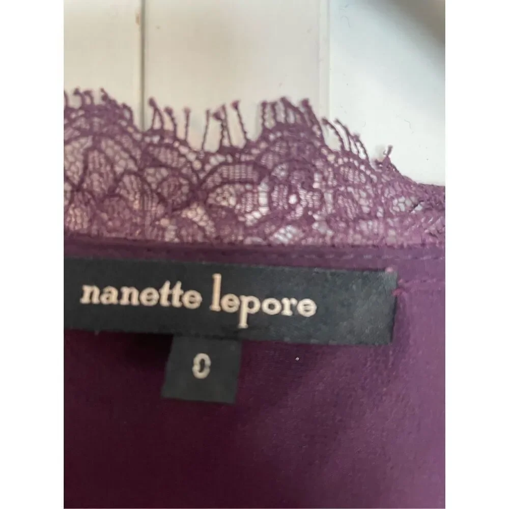 Nanette lepore 100% silk purple ruffled lace trim blouse size 0
